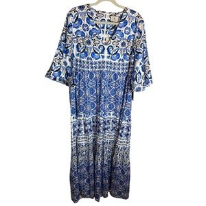 TuckerNuck Women's XXL Maxi Dress Blue White Tile Print V-Neck Bell Sleeve